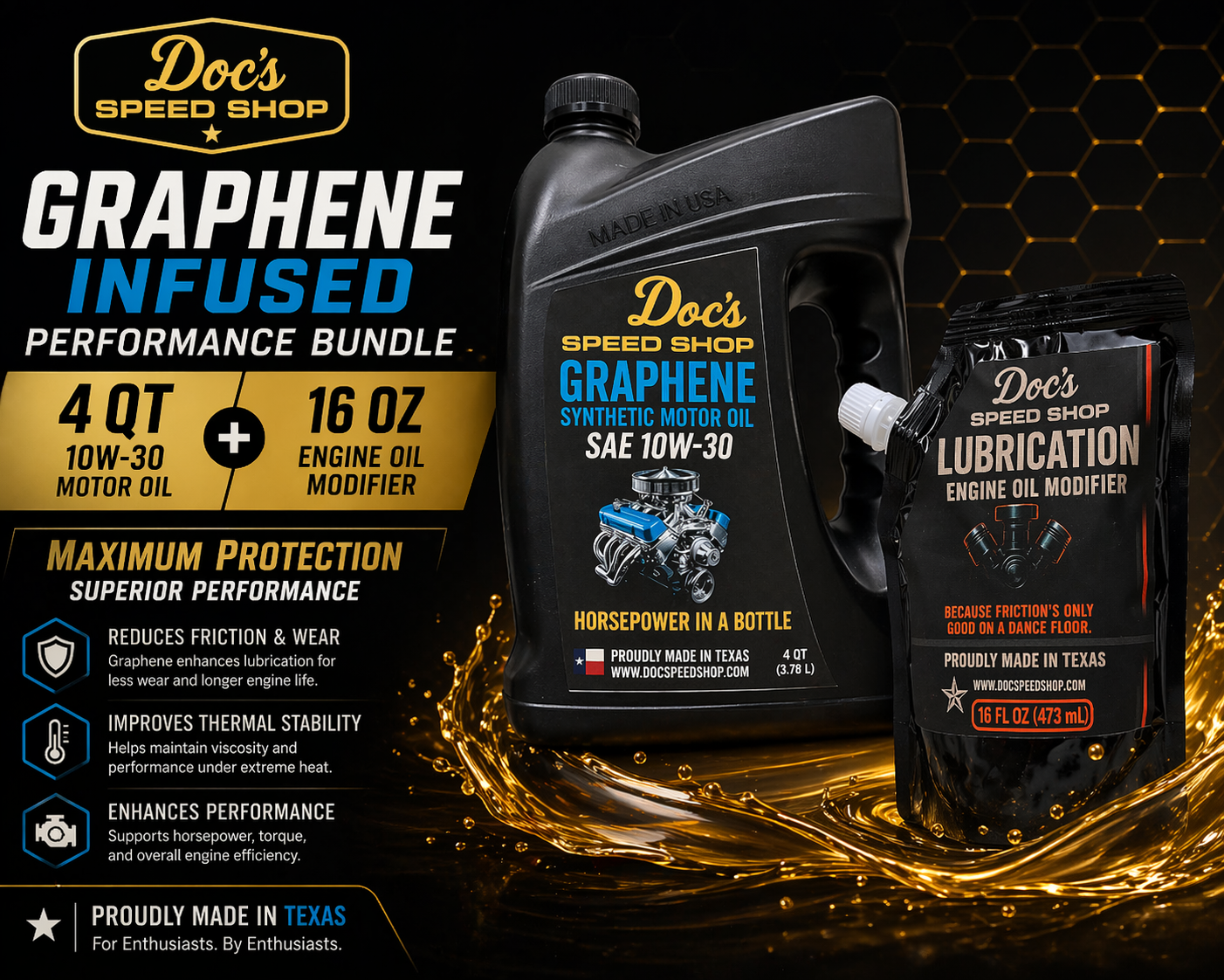 Doc's Speed Shop Graphene Infused 10W-30 Motor Oil + Graphene Engine Modifier Bundle