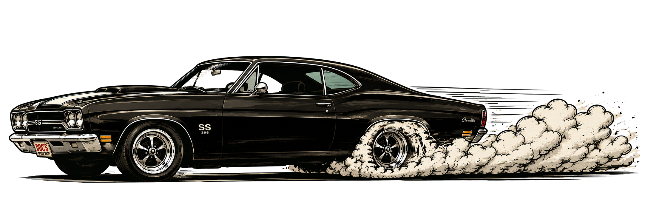 Cartoon black Chevrolet Chevelle SS muscle car doing a burnout at Doc's Speed Shop in Houston Texas