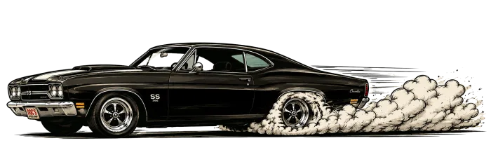 Cartoon black Chevrolet Chevelle SS muscle car doing a burnout at Doc's Speed Shop in Houston Texas