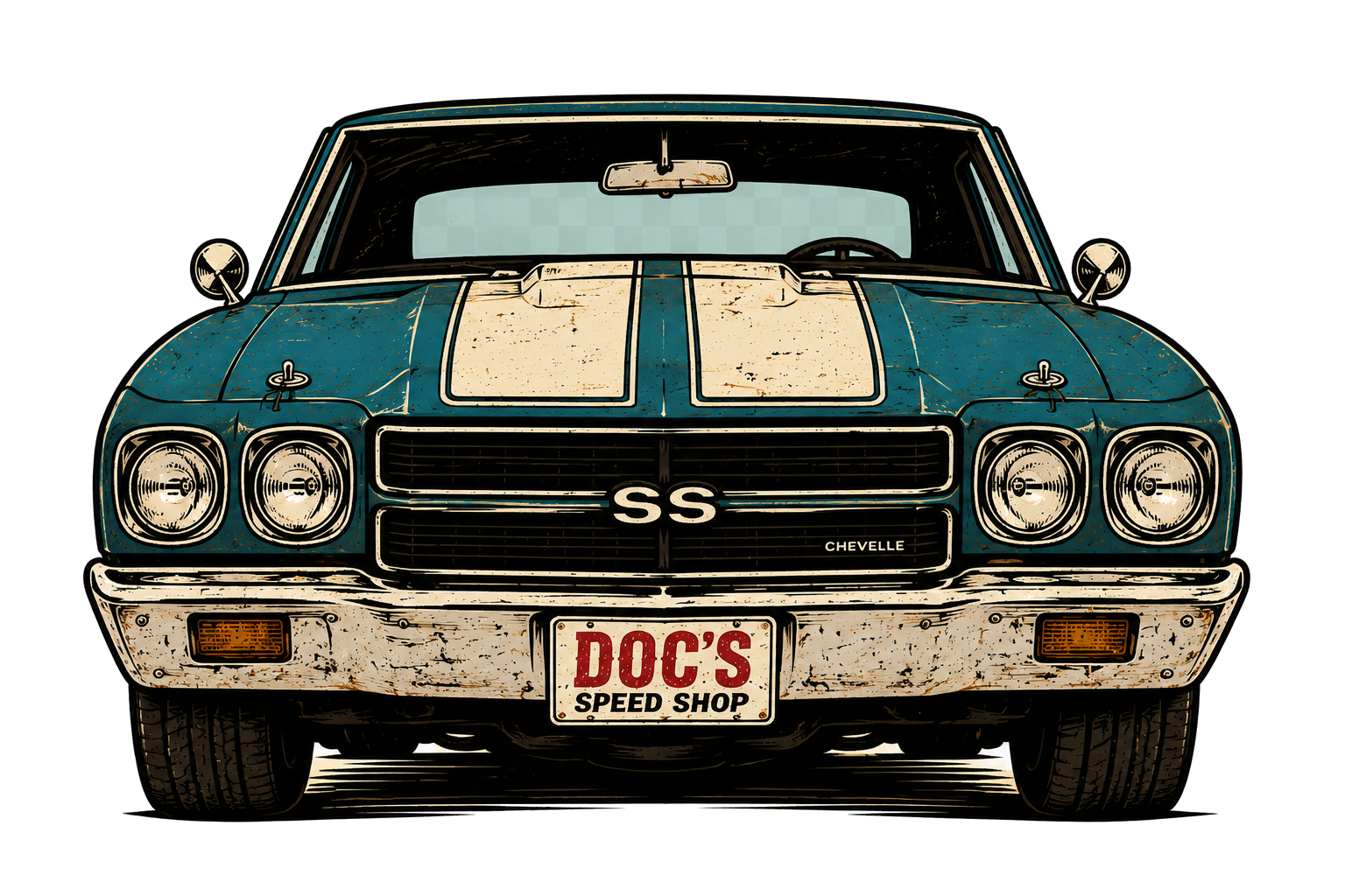 Classic muscle car graphic for Doc's Speed Shop