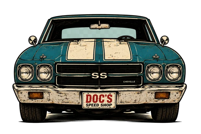 Classic muscle car graphic for Doc's Speed Shop